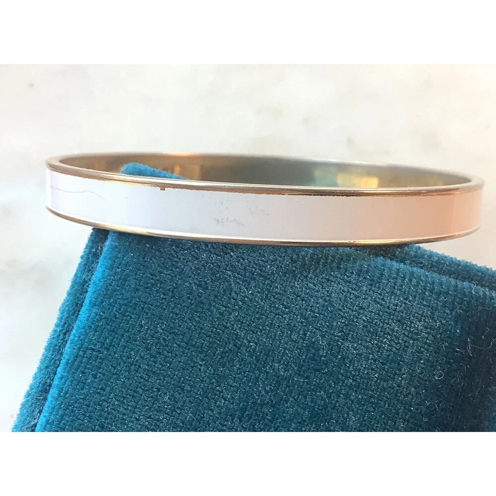 Monet Bangles Gold Tone Bracelets Stackable Set of 2 Herringbone White Enamel